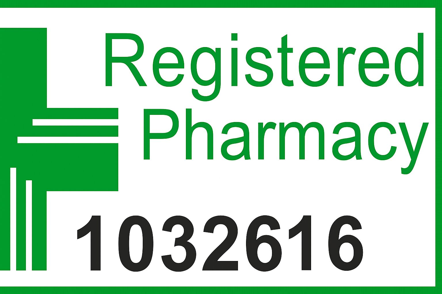 Registered Pharmacy logo with green cross and registration number 1032616